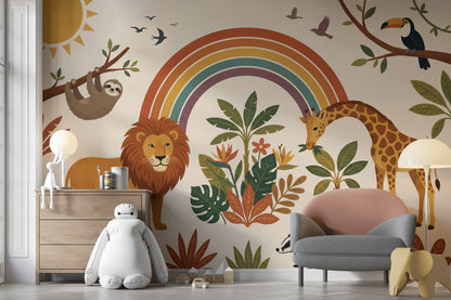Safari Hayvanlı Poster Duvar Kağıdı Gökkuşağı Desenli Bebek Odası