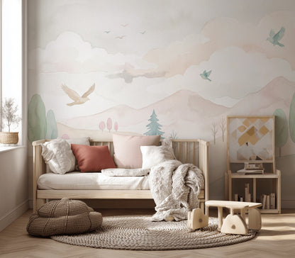 Pastel Balonlu Bulutlu Poster Duvar Kağıdı Çocuk Odası