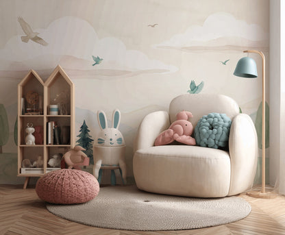Pastel Dağ ve Kuşlu Poster Duvar Kağıdı Çocuk Odası