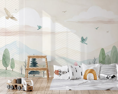 Pastel Dağ ve Kuşlu Poster Duvar Kağıdı Çocuk Odası
