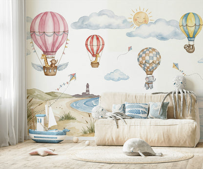 Sıcak Hava Balonlu Poster Duvar Kağıdı Çocuk Odası Pastel