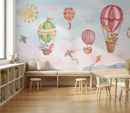 Balonlu Hayvanlı Poster Duvar Kağıdı Pastel Çocuk Odası