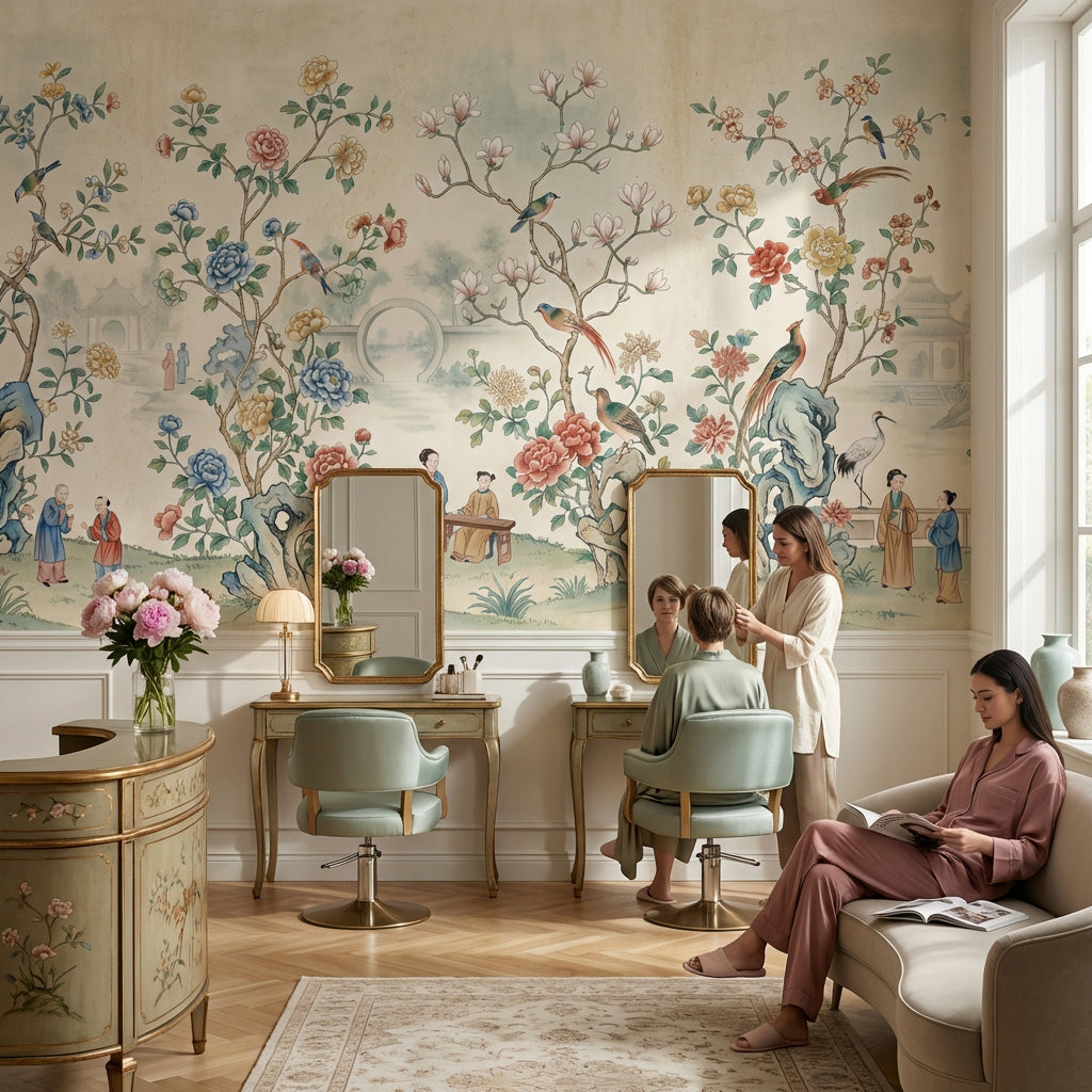 Çiçekli Kuşlu Chinoiserie Poster Duvar Kağıdı Bej Yatak Odası