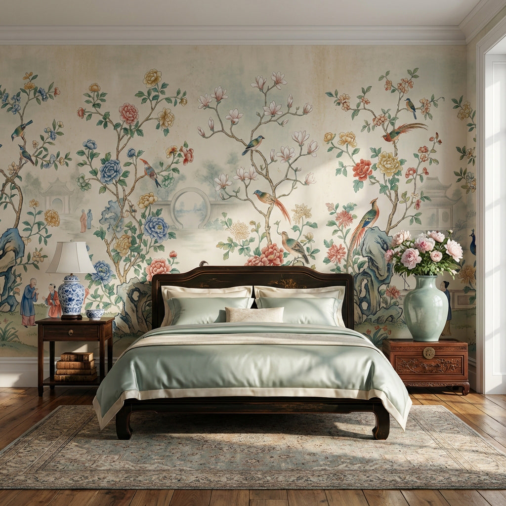 Çiçekli Kuşlu Chinoiserie Poster Duvar Kağıdı Bej Yatak Odası