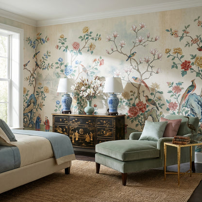 Çiçekli Kuşlu Chinoiserie Poster Duvar Kağıdı Bej Yatak Odası