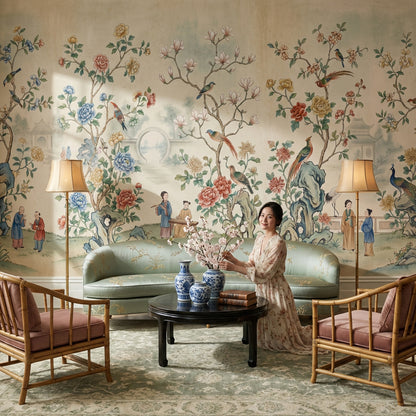 Çiçekli Kuşlu Chinoiserie Poster Duvar Kağıdı Bej Yatak Odası