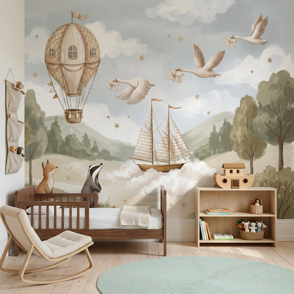 Balon ve Yelkenli Poster Duvar Kağıdı Çocuk Odası Pastel