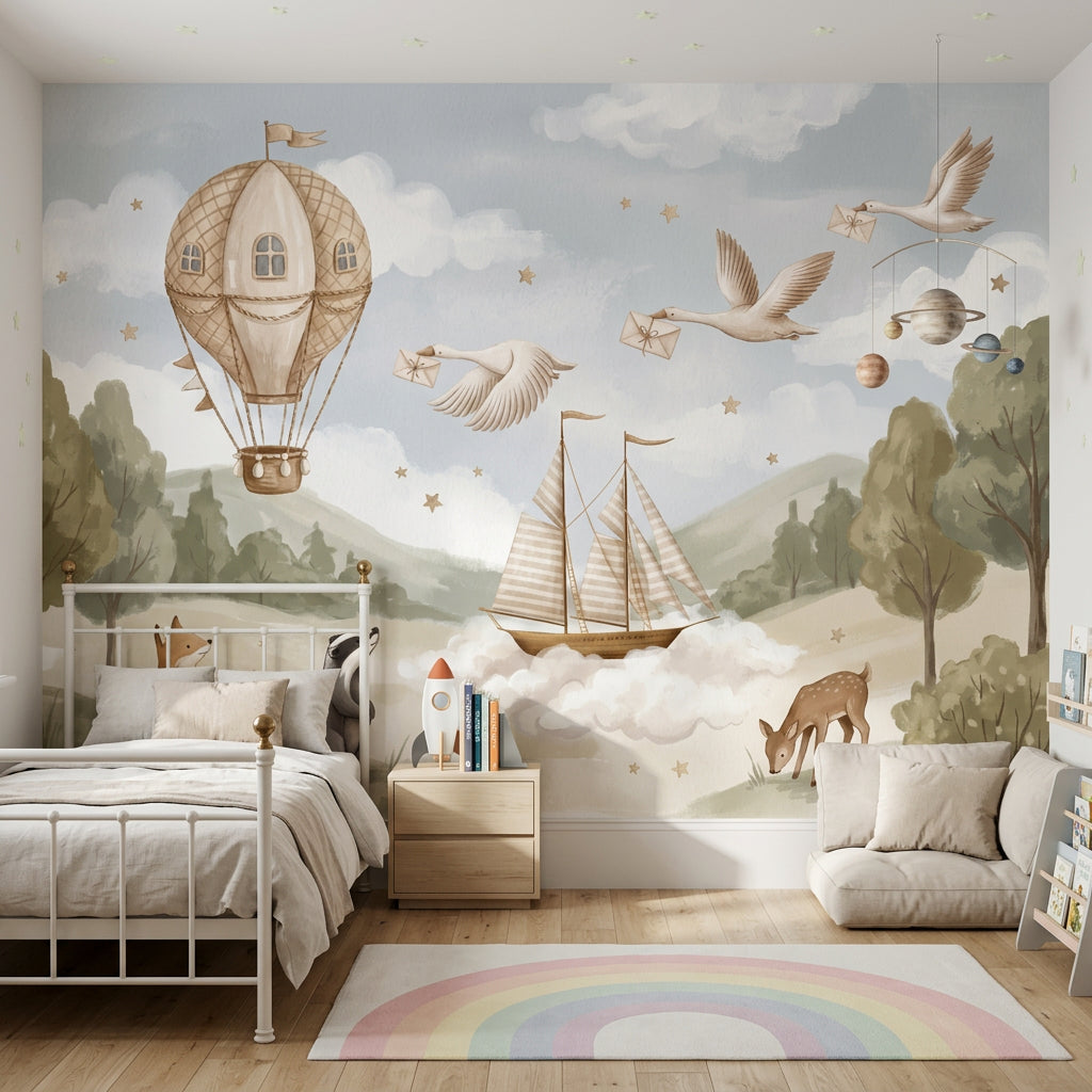 Balon ve Yelkenli Poster Duvar Kağıdı Çocuk Odası Pastel