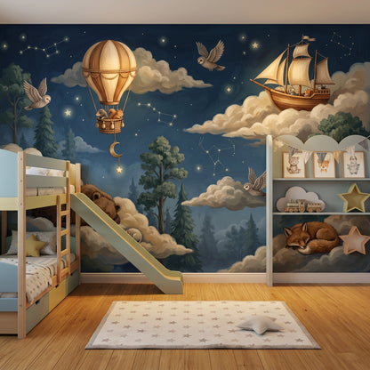 Gece Gökyüzü Hayvanlı Poster Duvar Kağıdı Çocuk Odası