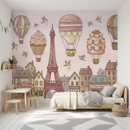 Paris Balonlu Poster Duvar Kağıdı Pastel Çocuk Odası Desenli