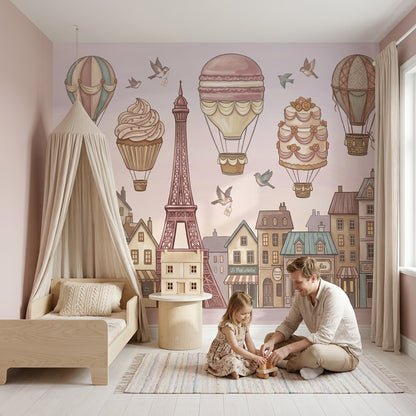 Paris Balonlu Poster Duvar Kağıdı Pastel Çocuk Odası Desenli