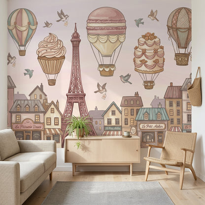Paris Balonlu Poster Duvar Kağıdı Pastel Çocuk Odası Desenli