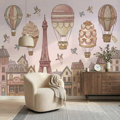 Paris Balonlu Poster Duvar Kağıdı Pastel Çocuk Odası Desenli
