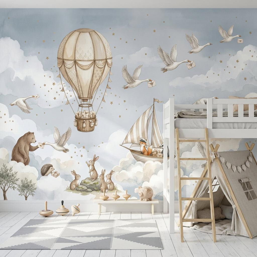 Bulutlu Balon ve Kuşlu Poster Duvar Kağıdı Bebek Odası