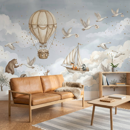 Bulutlu Balon ve Kuşlu Poster Duvar Kağıdı Bebek Odası