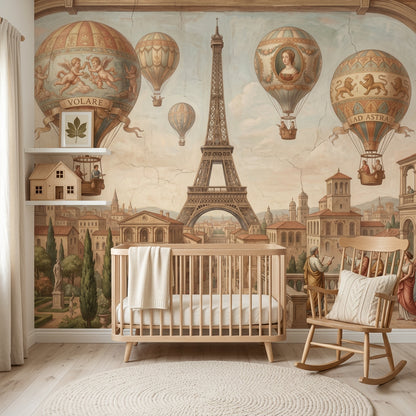 Paris Eyfel Kulesi Sıcak Hava Balonlu Poster Duvar Kağıdı