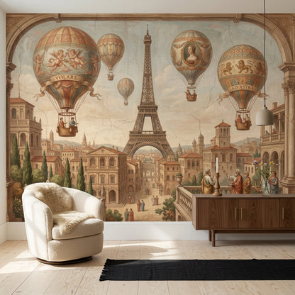 Paris Eyfel Kulesi Sıcak Hava Balonlu Poster Duvar Kağıdı