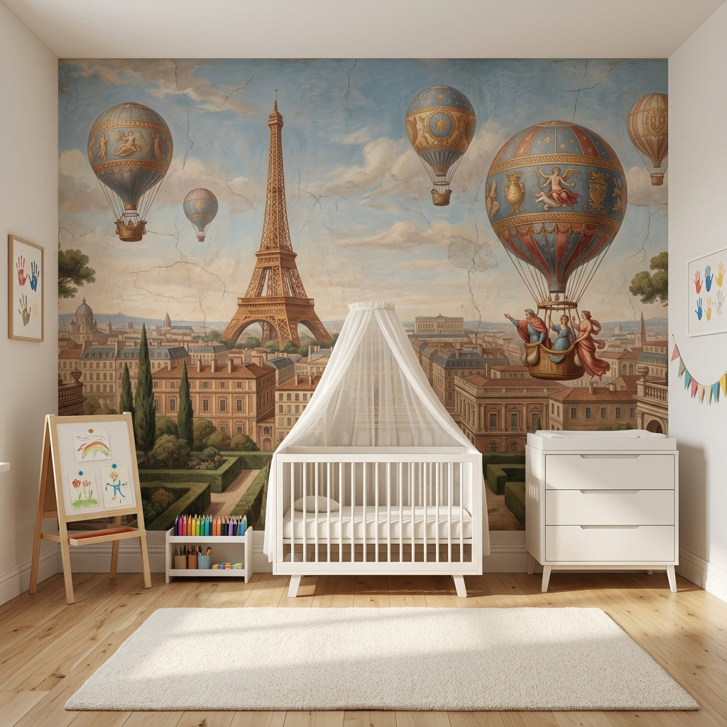 Paris Eyfel Kulesi ve Balonlu Poster Duvar Kağıdı Mavi