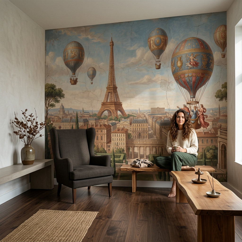 Paris Eyfel Kulesi ve Balonlu Poster Duvar Kağıdı Mavi