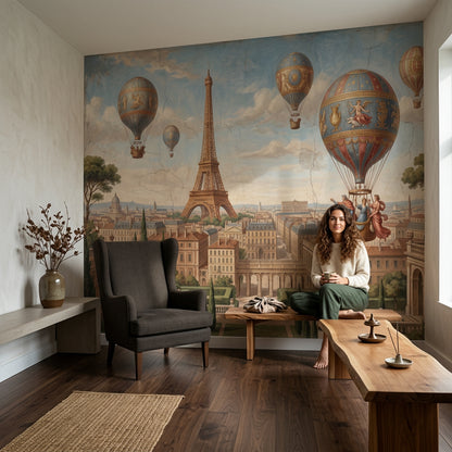 Paris Eyfel Kulesi ve Balonlu Poster Duvar Kağıdı Mavi