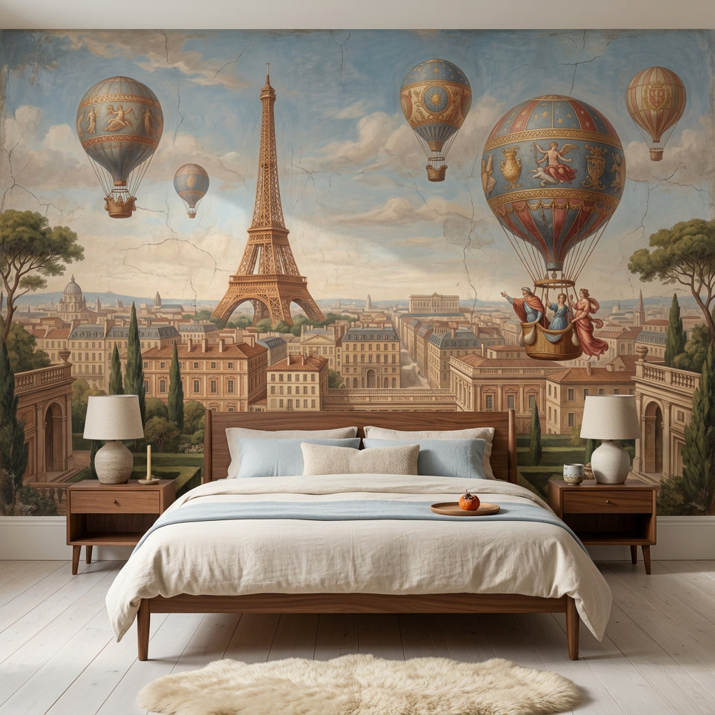 Paris Eyfel Kulesi ve Balonlu Poster Duvar Kağıdı Mavi