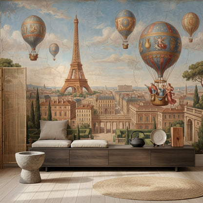 Paris Eyfel Kulesi ve Balonlu Poster Duvar Kağıdı Mavi
