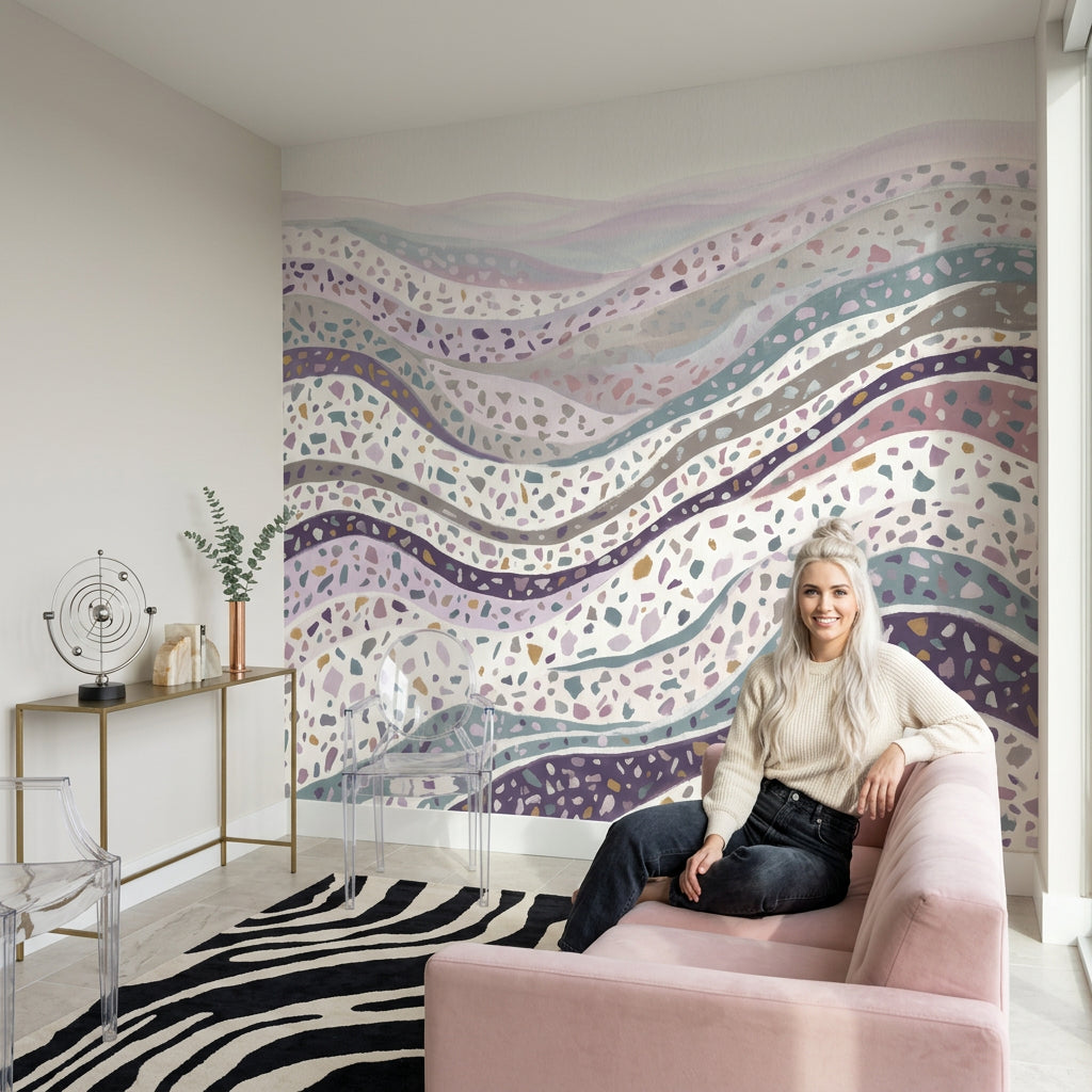 Terrazzo Dalgalı Poster Duvar Kağıdı Pastel Mor Salon