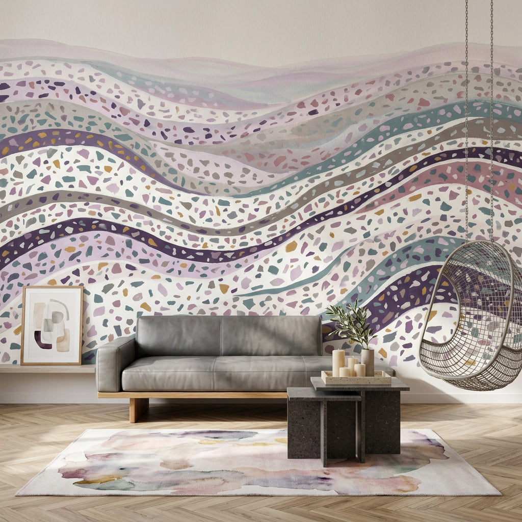 Terrazzo Dalgalı Poster Duvar Kağıdı Pastel Mor Salon