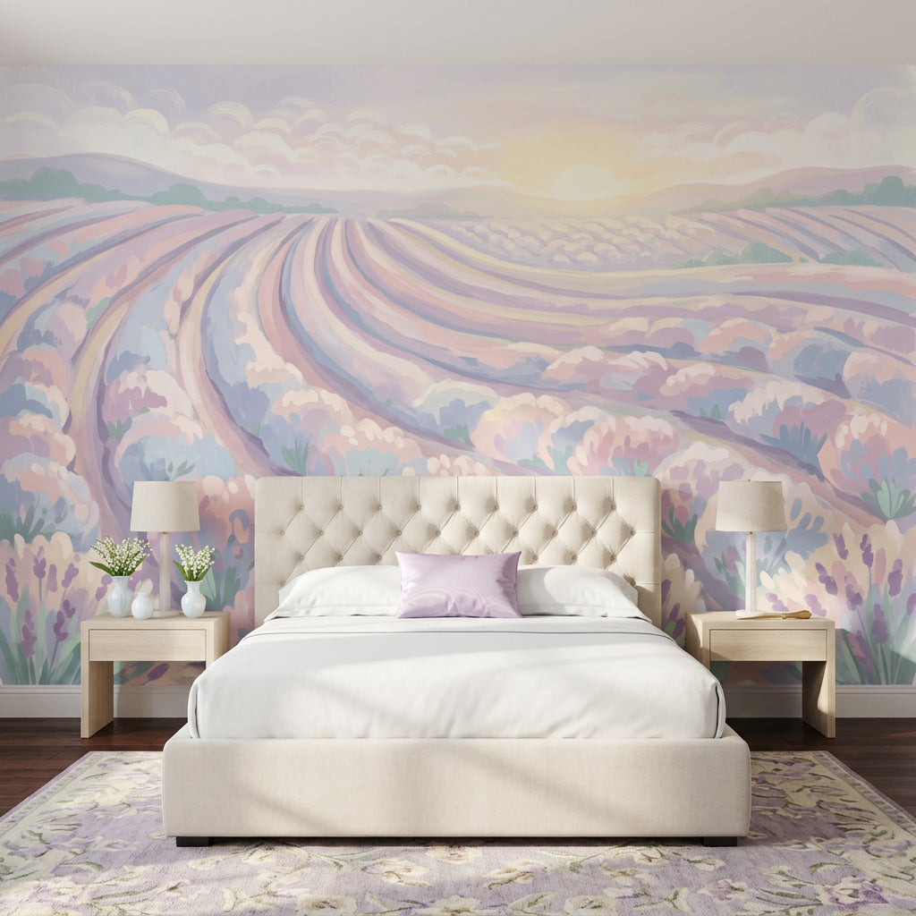 Pastel Lavanta Tarlası Poster Duvar Kağıdı Gün Batımı Manzara