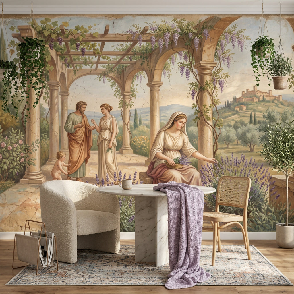 Antik Bahçe Sahnesi Poster Duvar Kağıdı Bej Klasik Salon