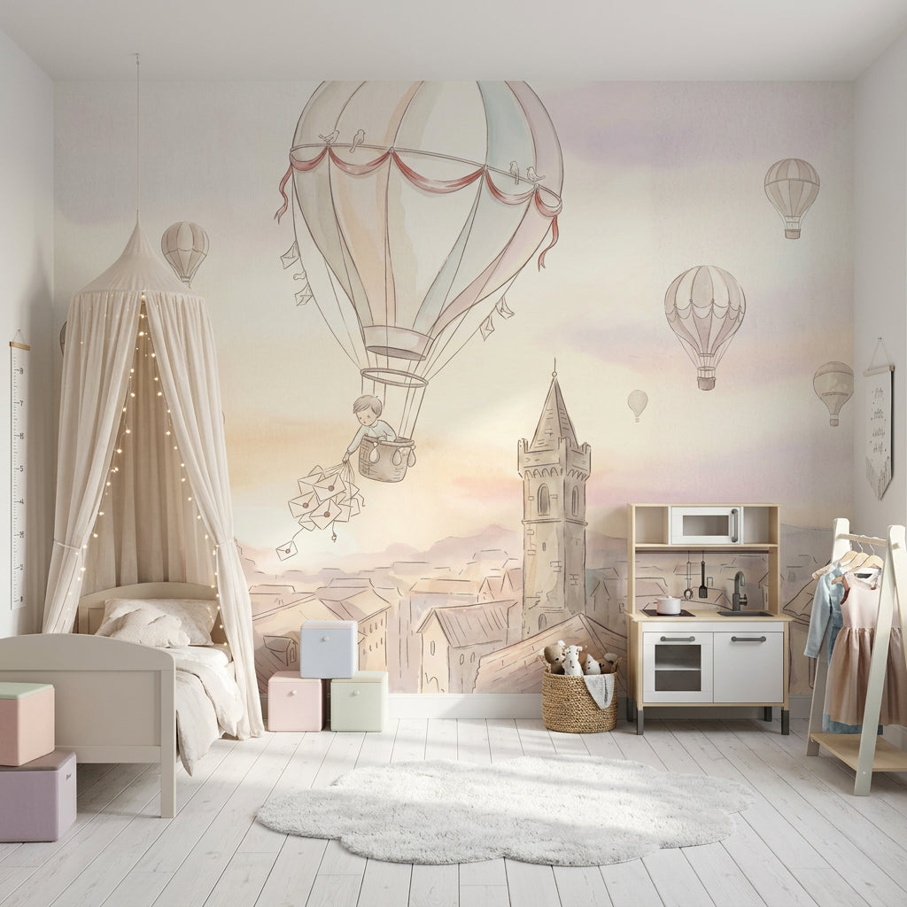 Sıcak Hava Balonlu Poster Duvar Kağıdı Pastel Çocuk Odası