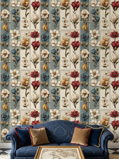 Vintage Çiçek Desenli Duvar Kağıdı Krem Mavi Salon