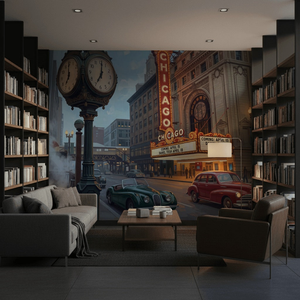 Chicago Şehir Manzaralı Poster Duvar Kağıdı Retro Sokak Sahnesi