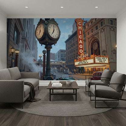 Chicago Şehir Manzaralı Poster Duvar Kağıdı Retro Sokak Sahnesi