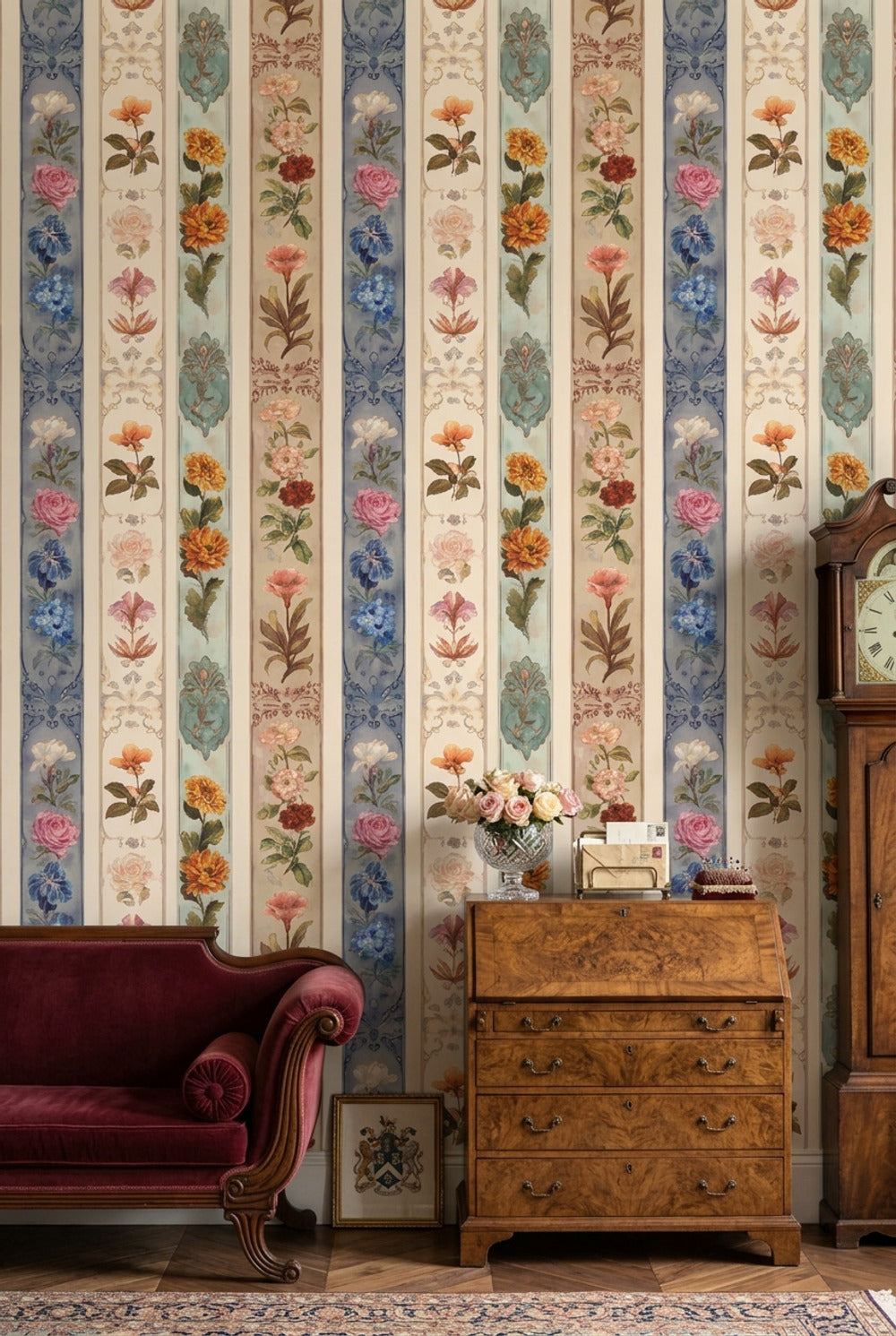 Dikey Çizgili Çiçekli Duvar Kağıdı Vintage Mavi Krem