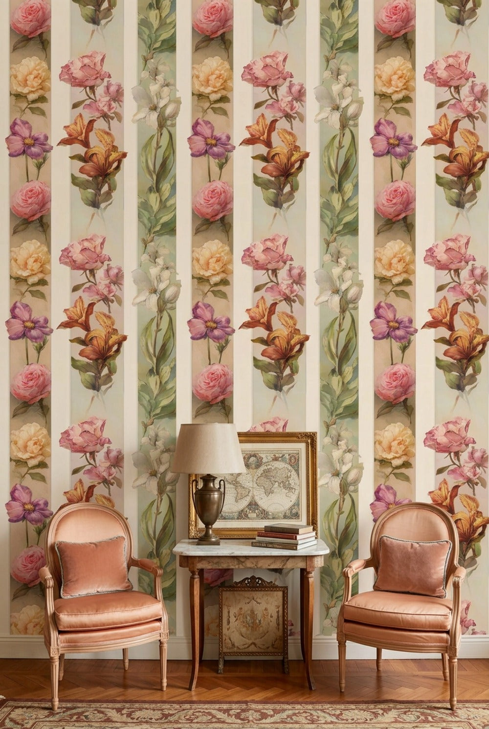 Pastel Çiçek Şeritli Duvar Kağıdı Krem Zemin Salon