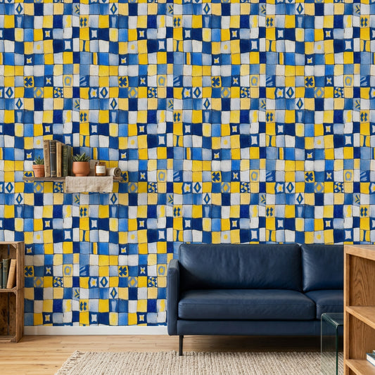 Sarı Lacivert Kareli Duvar Kağıdı Geometrik Salon Deseni