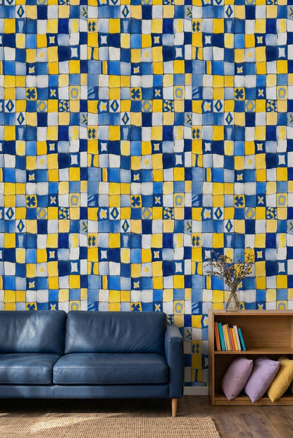 Sarı Lacivert Kareli Duvar Kağıdı Geometrik Salon Deseni