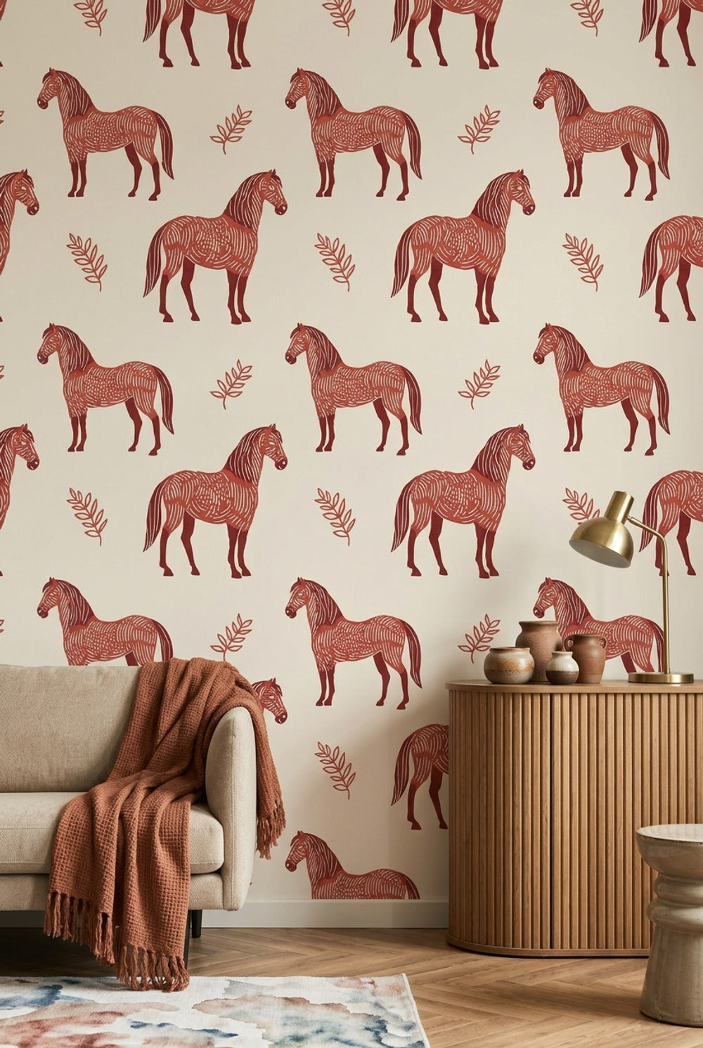At Desenli Duvar Kağıdı Kiremit Kırmızısı Minimal Salon
