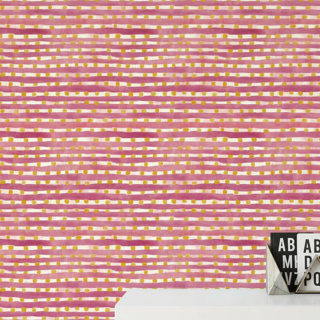Pembe Çizgili Puantiyeli Duvar Kağıdı Modern Genç Odası
