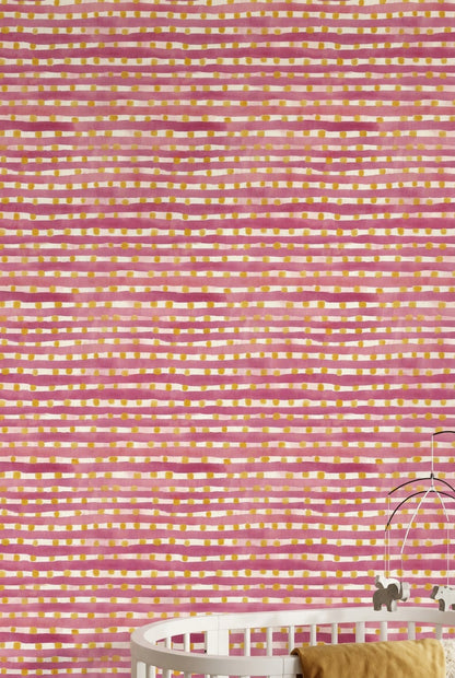 Pembe Çizgili Puantiyeli Duvar Kağıdı Modern Genç Odası