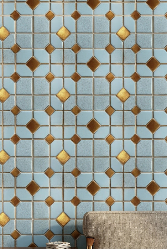 Geometrik Çini Desenli Duvar Kağıdı Mavi Sarı Salon