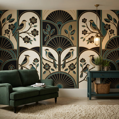 Art Deco Kuşlu Poster Duvar Kağıdı Lacivert Bej Salon