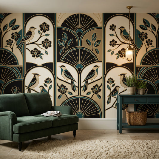 Art Deco Kuşlu Poster Duvar Kağıdı Lacivert Bej Salon
