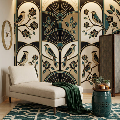 Art Deco Kuşlu Poster Duvar Kağıdı Lacivert Bej Salon