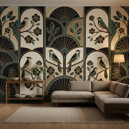 Art Deco Kuşlu Poster Duvar Kağıdı Lacivert Bej Salon