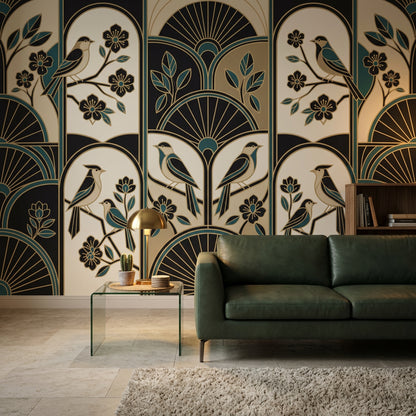 Art Deco Kuşlu Poster Duvar Kağıdı Lacivert Bej Salon