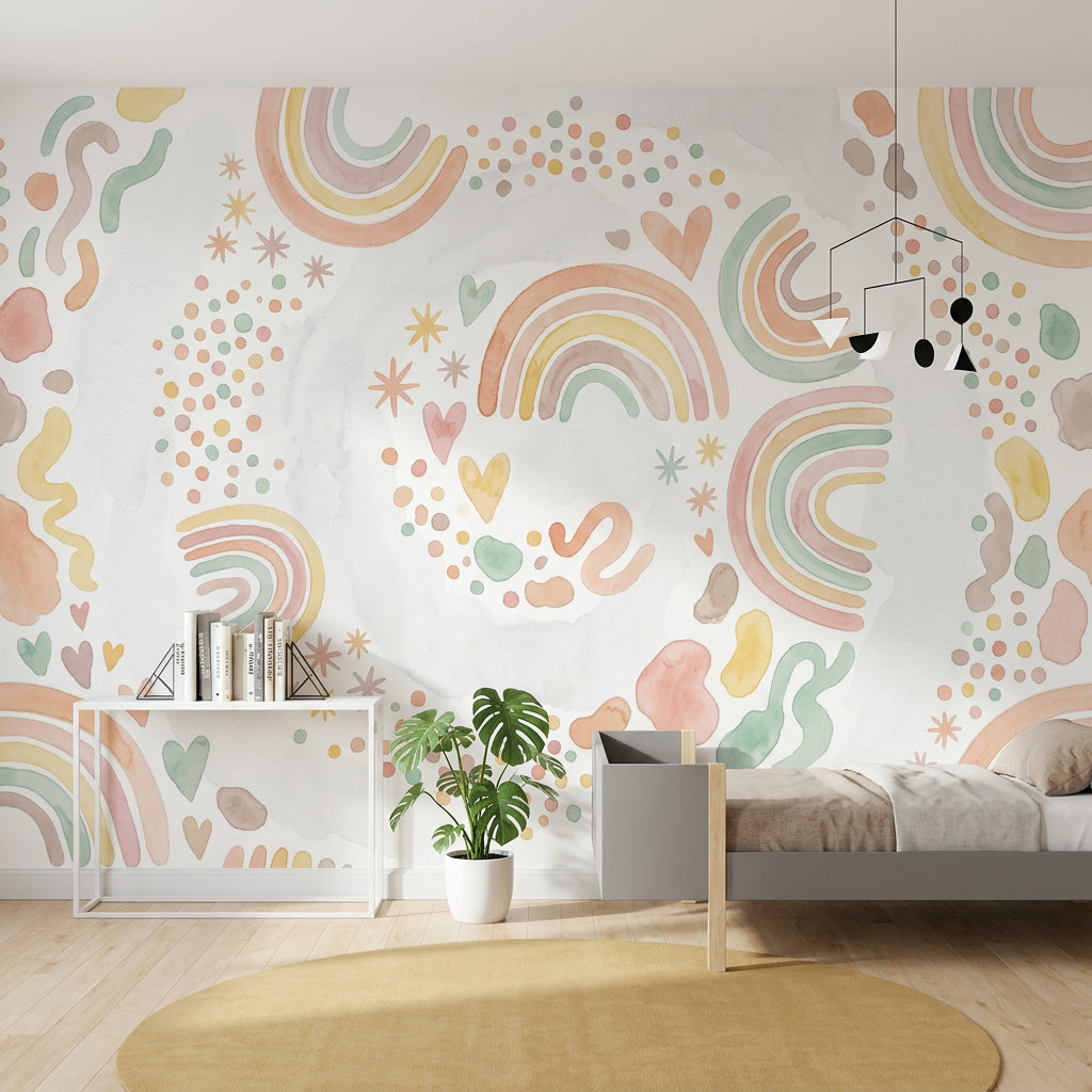 Pastel Gökkuşaklı Poster Duvar Kağıdı Renkli Kalpli Çocuk Odası