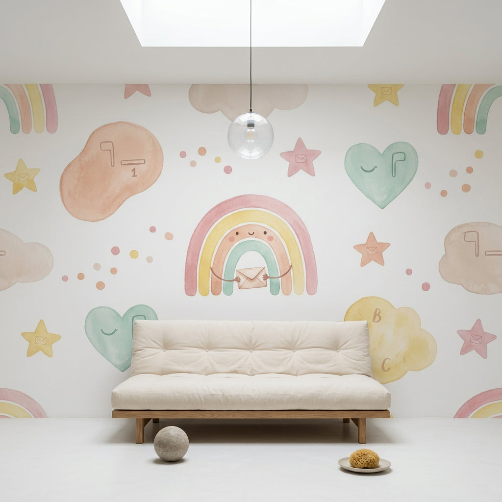 Pastel Gökkuşağı Poster Duvar Kağıdı Çocuk Odası Bulut Yıldızlı
