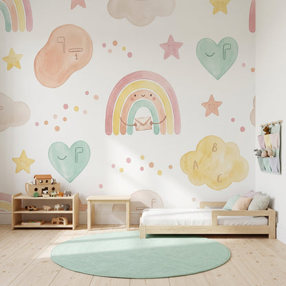 Pastel Gökkuşağı Poster Duvar Kağıdı Çocuk Odası Bulut Yıldızlı